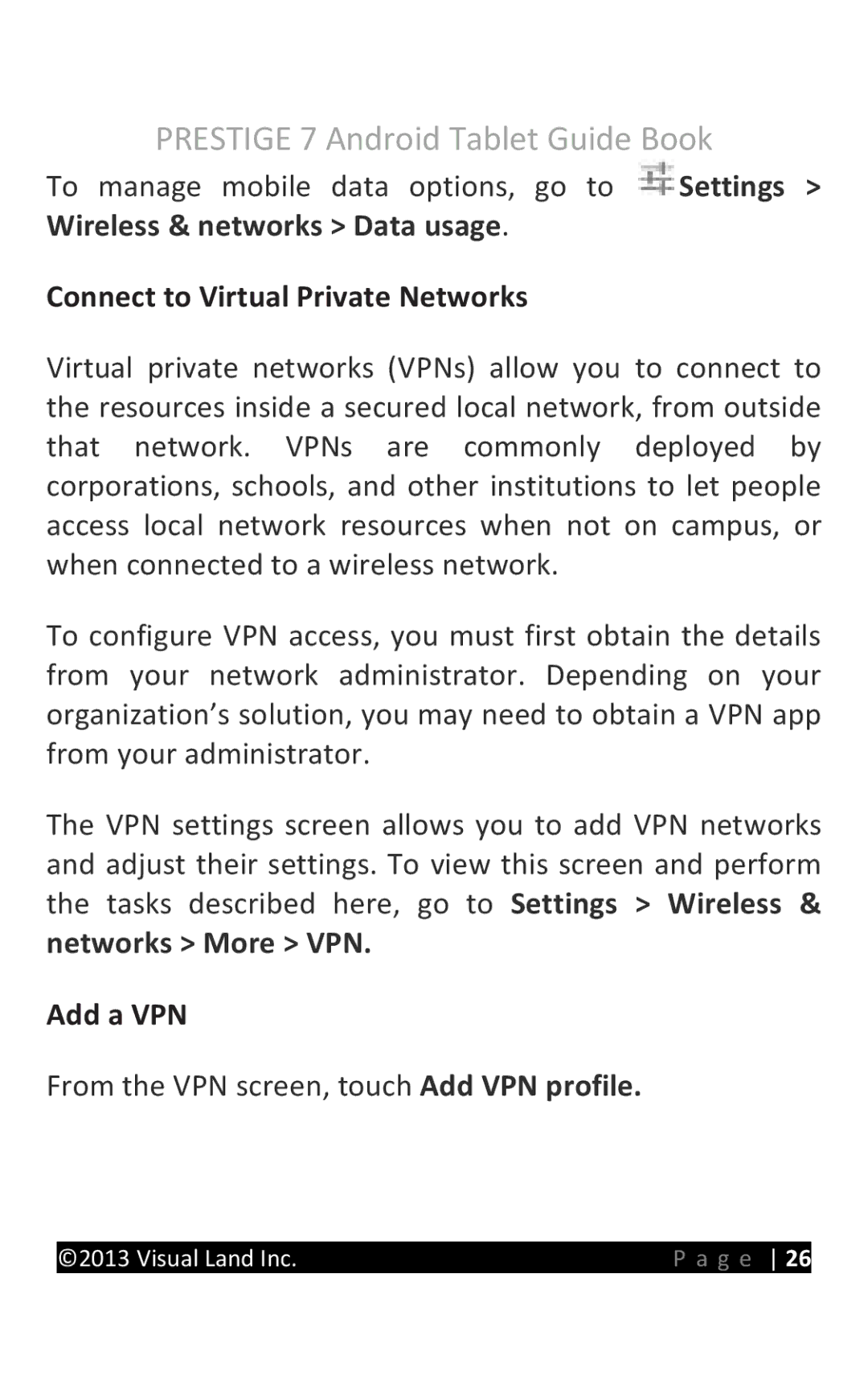 Visual Land ME-107-L-8GB-BLK, ME-107-L-8GB-PRP, ME-107-L-8GB-PNK manual Connect to Virtual Private Networks, Add a VPN 