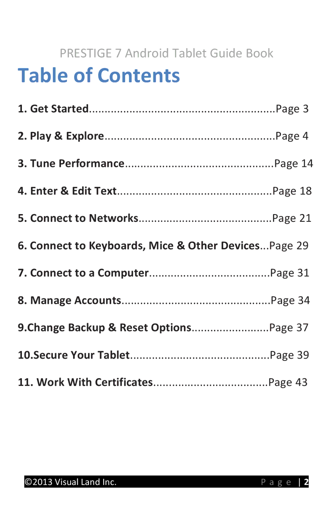 Visual Land ME-107-L-8GB-BLK, ME-107-L-8GB-PRP, ME-107-L-8GB-PNK manual Table of Contents 