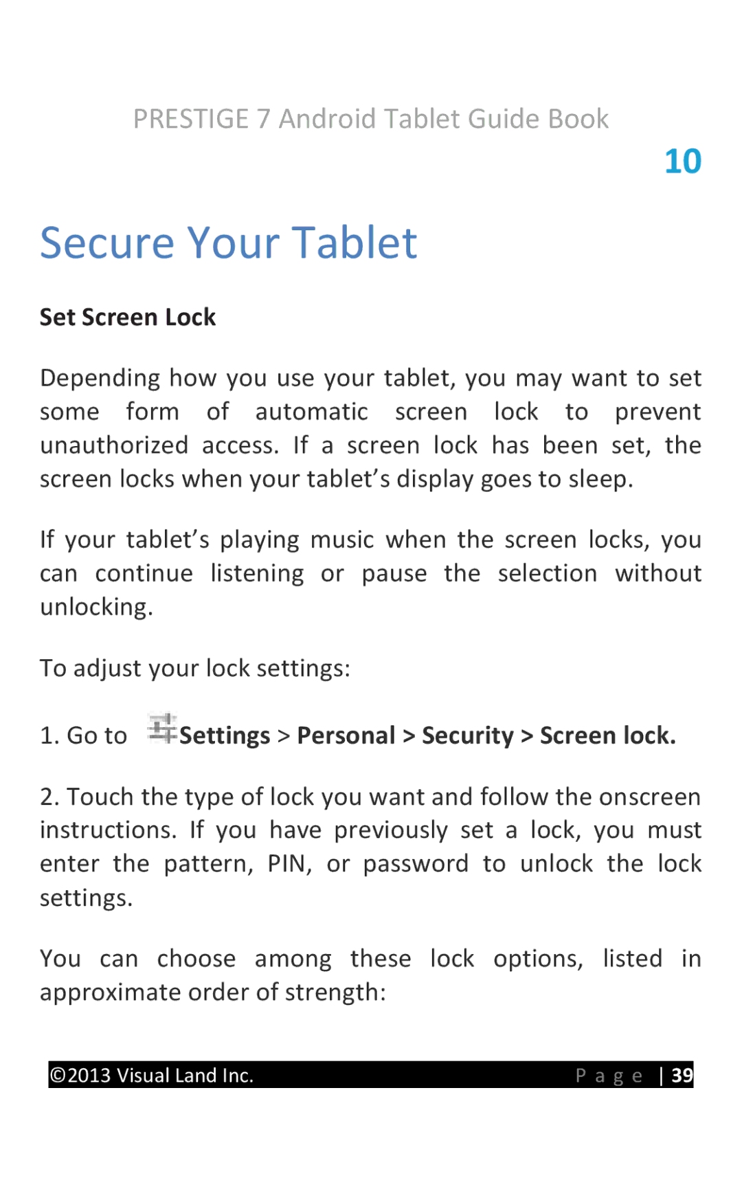 Visual Land ME-107-L-8GB-PRP, ME-107-L-8GB-BLK manual Set Screen Lock, Go to Settings Personal Security Screen lock 