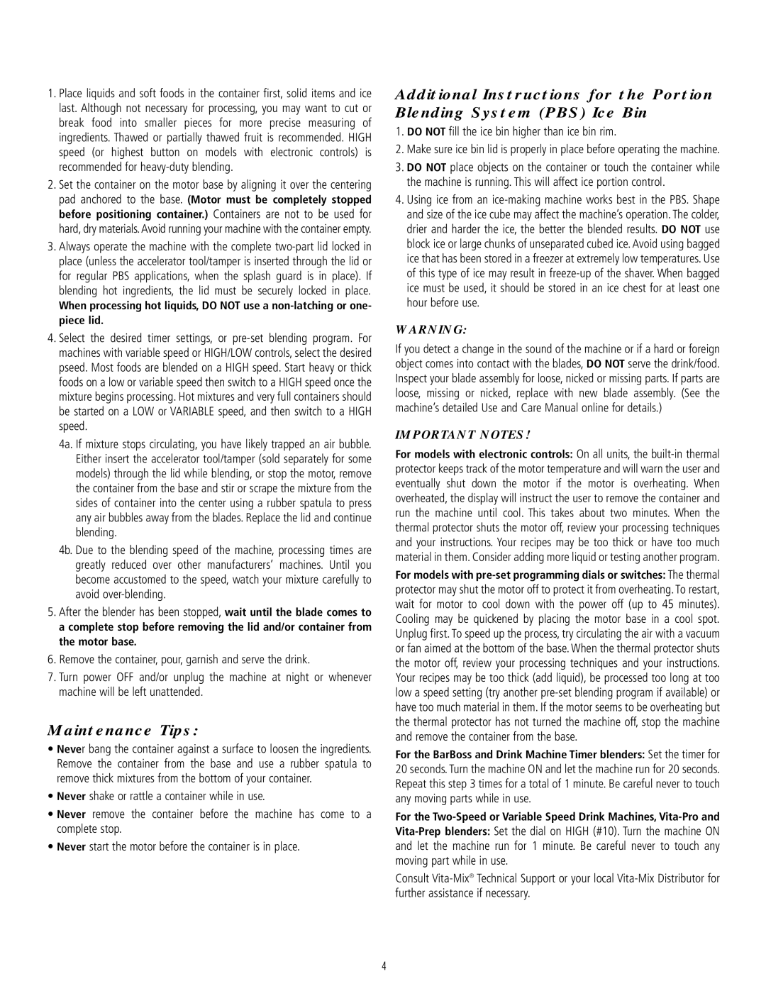 Vita-Mix 101807 General Instructions, Maintenance Tips, Do not fill the ice bin higher than ice bin rim, Important Notes 