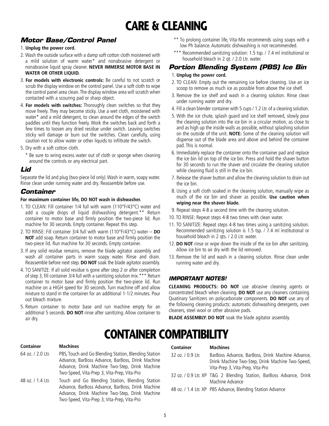 Vita-Mix 101807 manual Care & Cleaning, Container Compatibility 