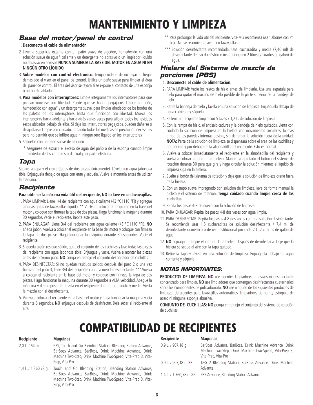 Vita-Mix 101807 manual Mantenimiento Y Limpieza, Compatibilidad DE Recipientes 