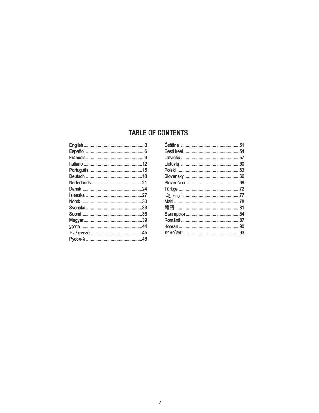 Vita-Mix 101807 Table Of Contents, Čeština, Eesti keel, Latviešu, Lietuvių, Polski, Slovensky, Slovenčina, Türkçe, العربية 