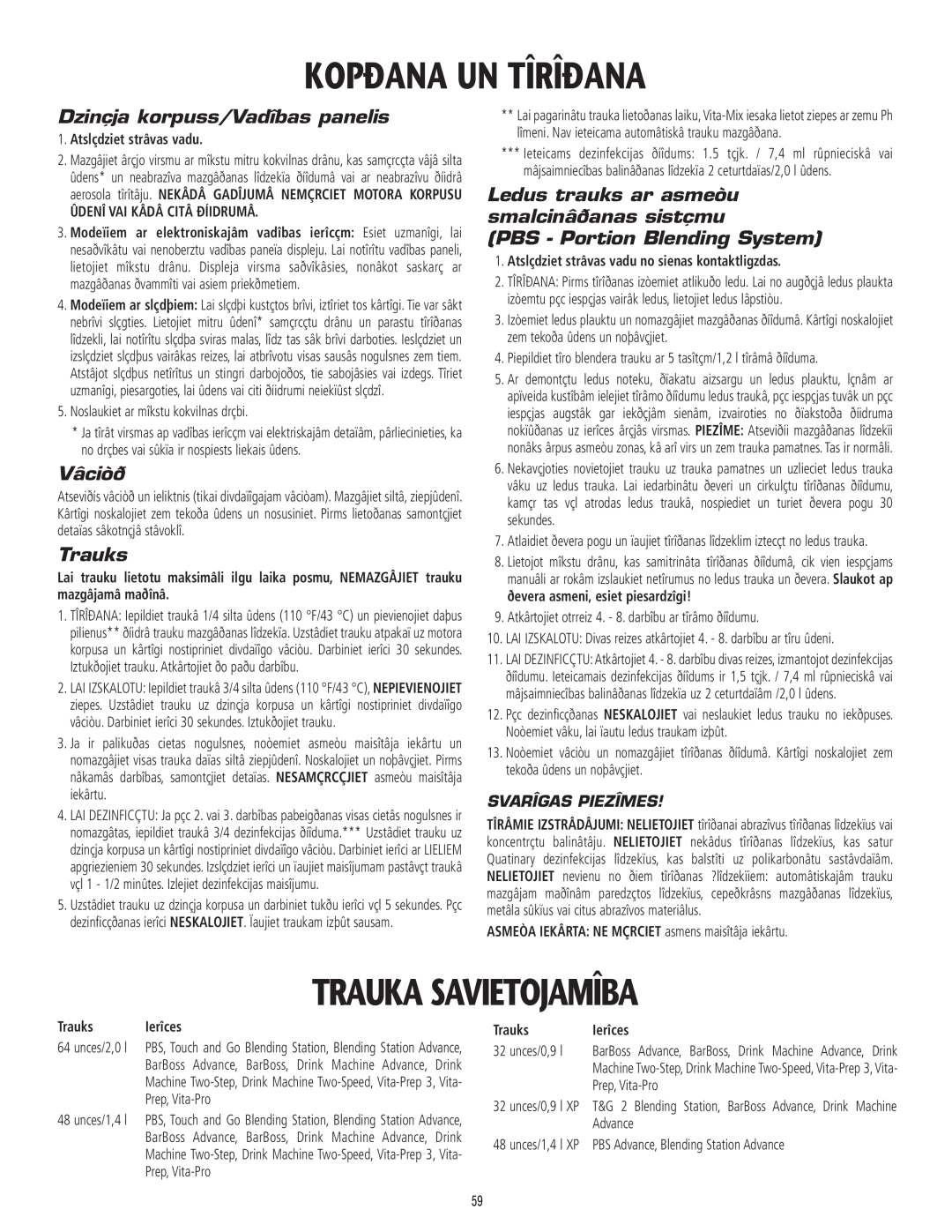 Vita-Mix 101807 manual Kopðana Un Tîrîðana, Trauka Savietojamîba, Dzinçja korpuss/Vadîbas panelis, Vâciòð, Trauks, Ierîces 