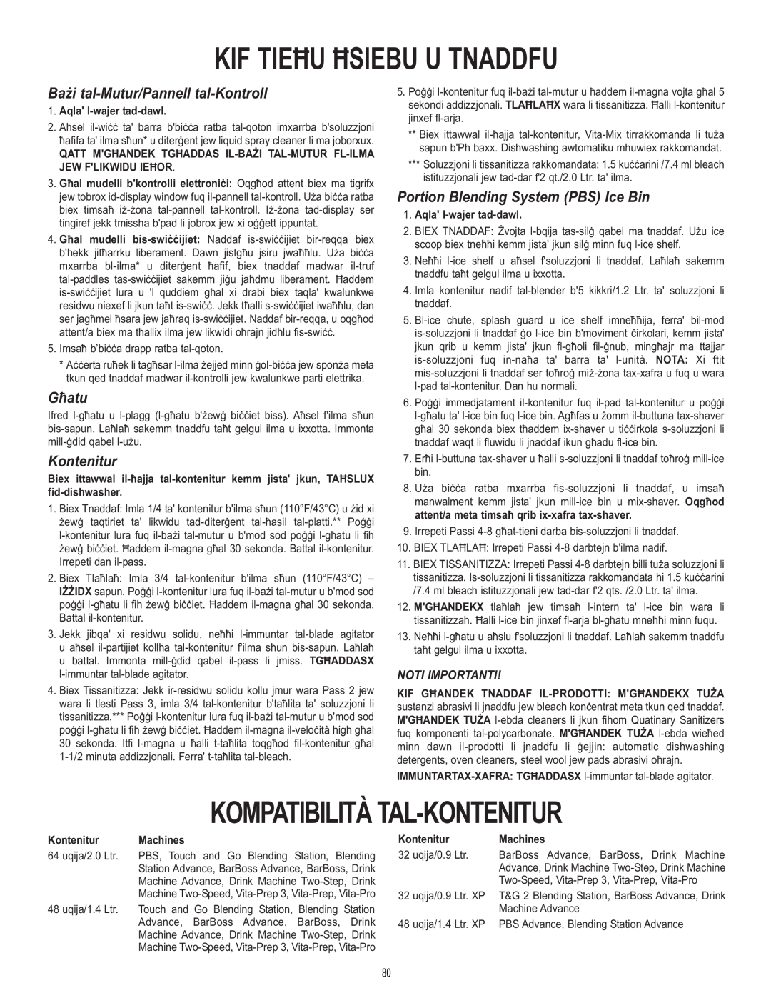 Vita-Mix 101807 manual Kif Tieħu Ħsiebu U Tnaddfu, Kompatibilità Tal-Kontenitur, Bażi tal-Mutur/Pannell tal-Kontroll, Għatu 