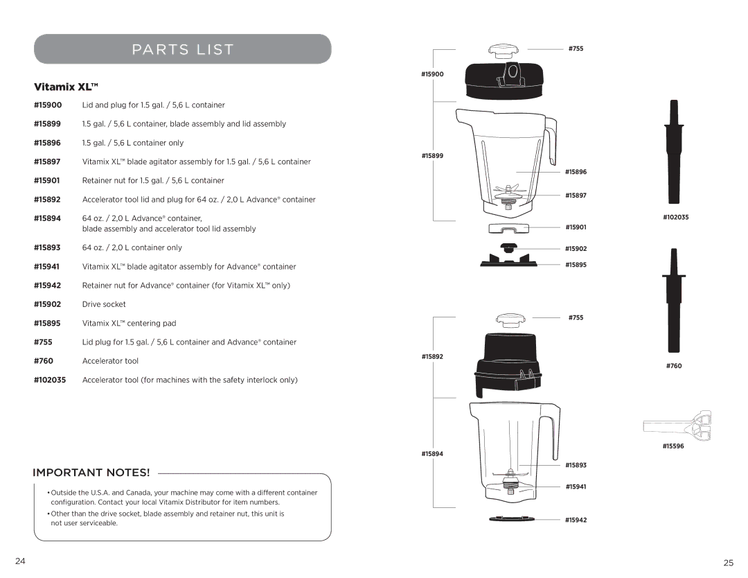 Vita-Mix 102866 manual Parts List, Vitamix XL 