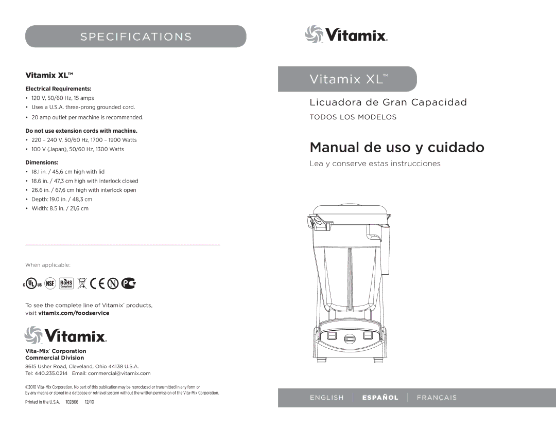 Vita-Mix 102866, XL manual Specifications, Electrical Requirements, Do not use extension cords with machine, Dimensions 