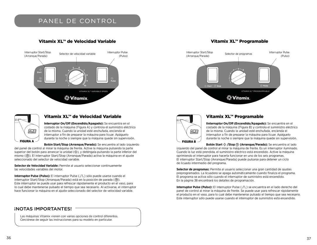 Vita-Mix 102866 manual Panel DE Control, Vitamix XL de Velocidad Variable Vitamix XL Programable 