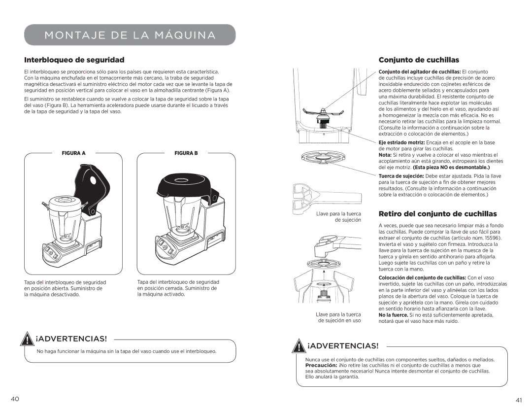 Vita-Mix XL, 102866 manual Interbloqueo de seguridad Conjunto de cuchillas, Retiro del conjunto de cuchillas 