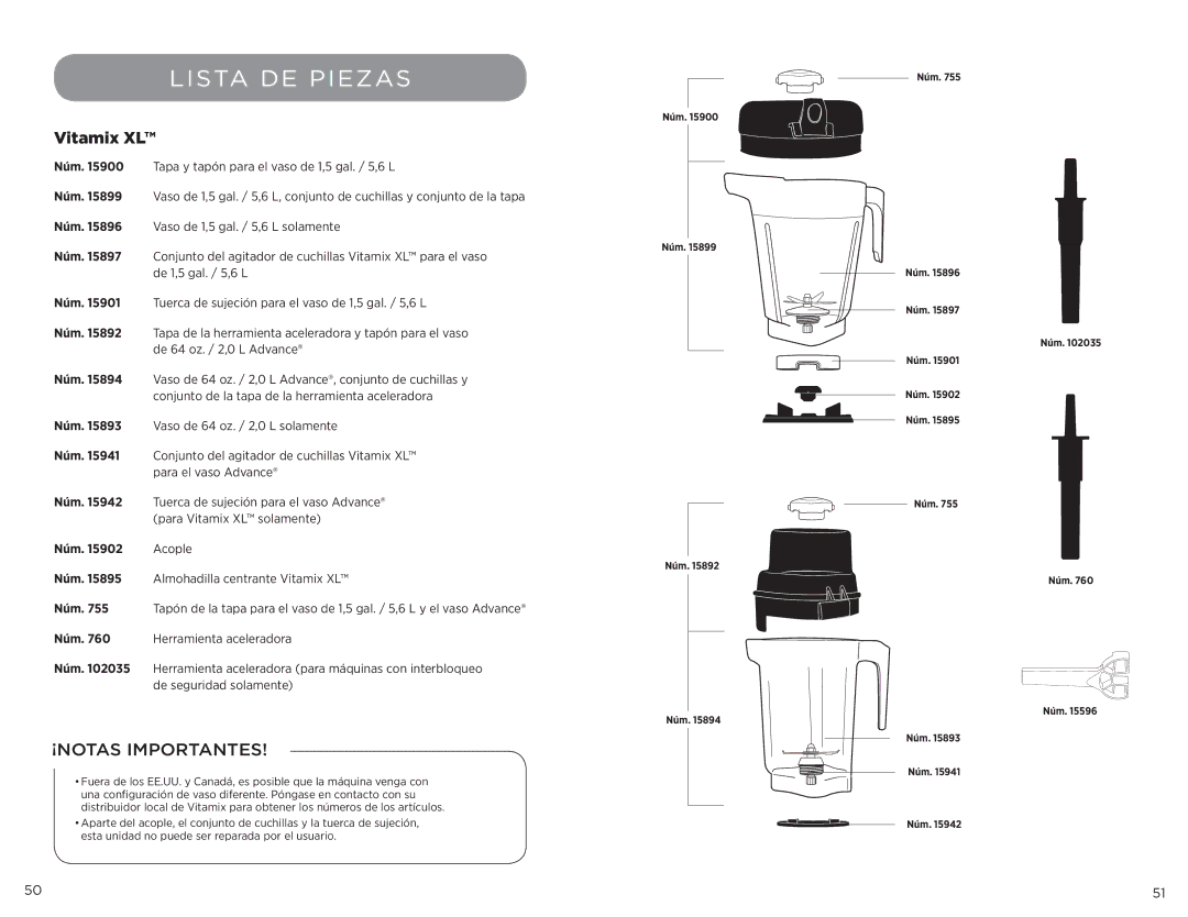 Vita-Mix 102866, XL manual Lista DE Piezas, Núm 