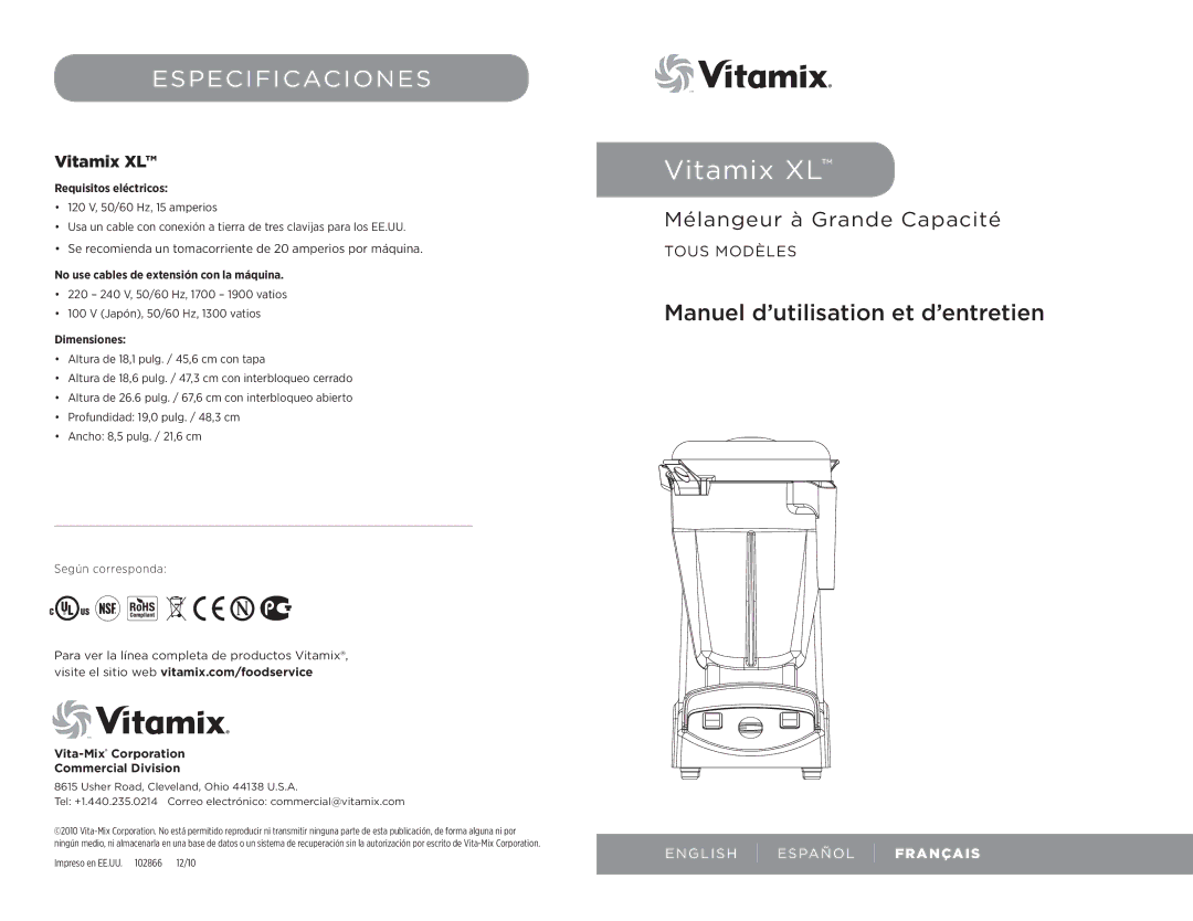 Vita-Mix XL, 102866 manual Especificaciones, Requisitos eléctricos, No use cables de extensión con la máquina, Dimensiones 