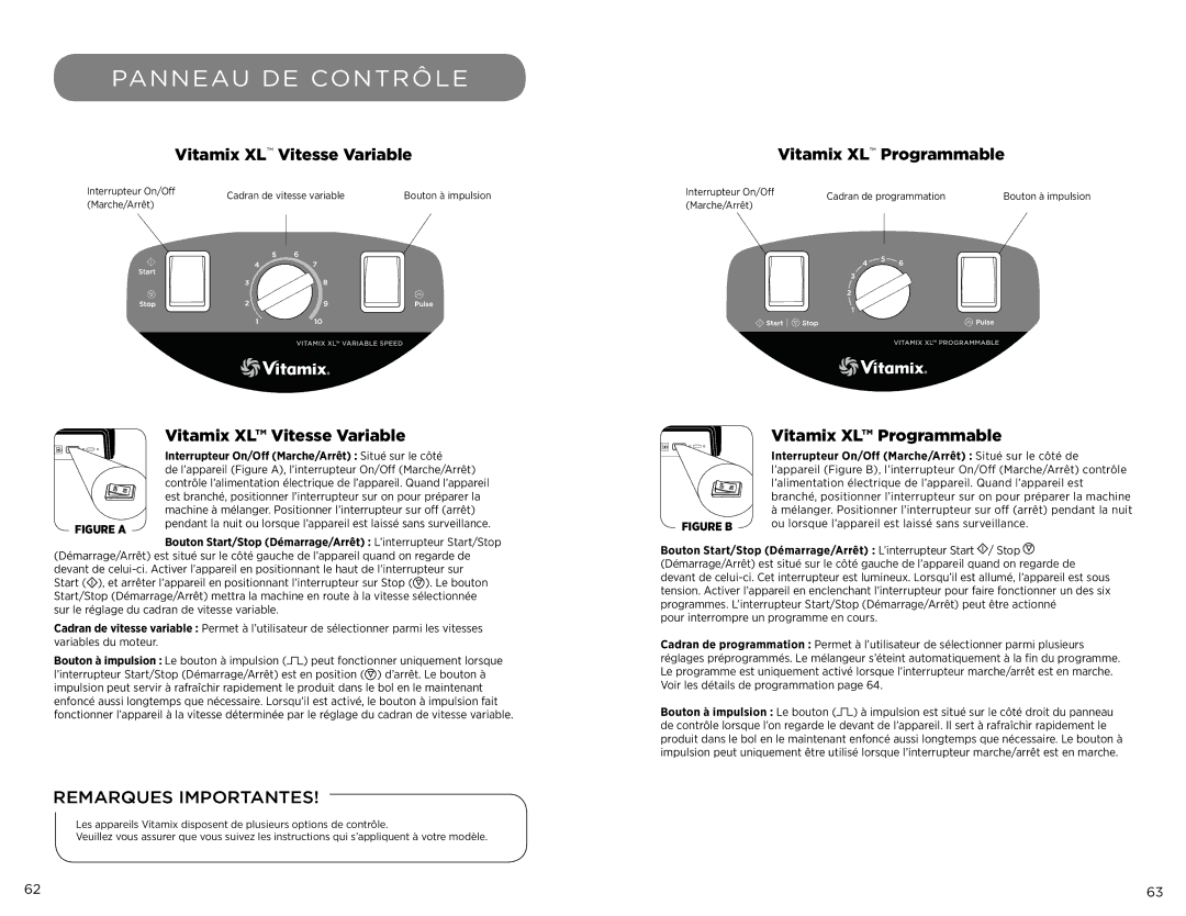 Vita-Mix 102866 manual Panneau DE Contrôle, Vitamix XL Vitesse Variable Vitamix XL Programmable 