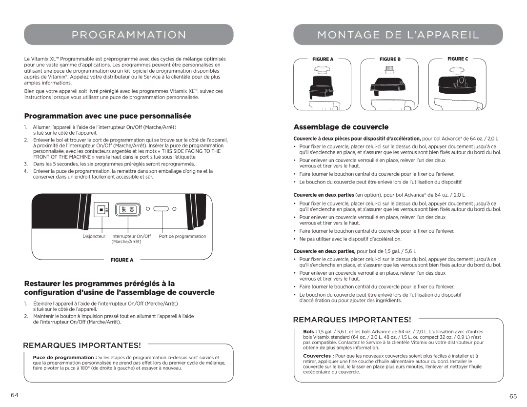 Vita-Mix XL, 102866 manual Montage DE L’APPAREIL, Programmation avec une puce personnalisée, Assemblage de couvercle 