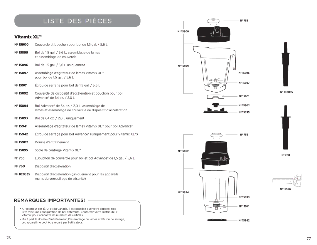 Vita-Mix 102866 manual Liste DES Pièces, Vitamix XL 