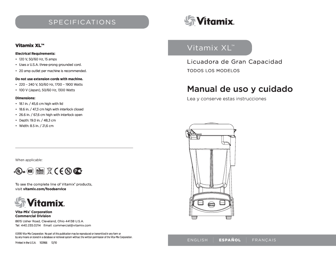 Vita-Mix 102866 Manual de uso y cuidado, Specifications, Licuadora de Gran Capacidad, Lea y conserve estas instrucciones 