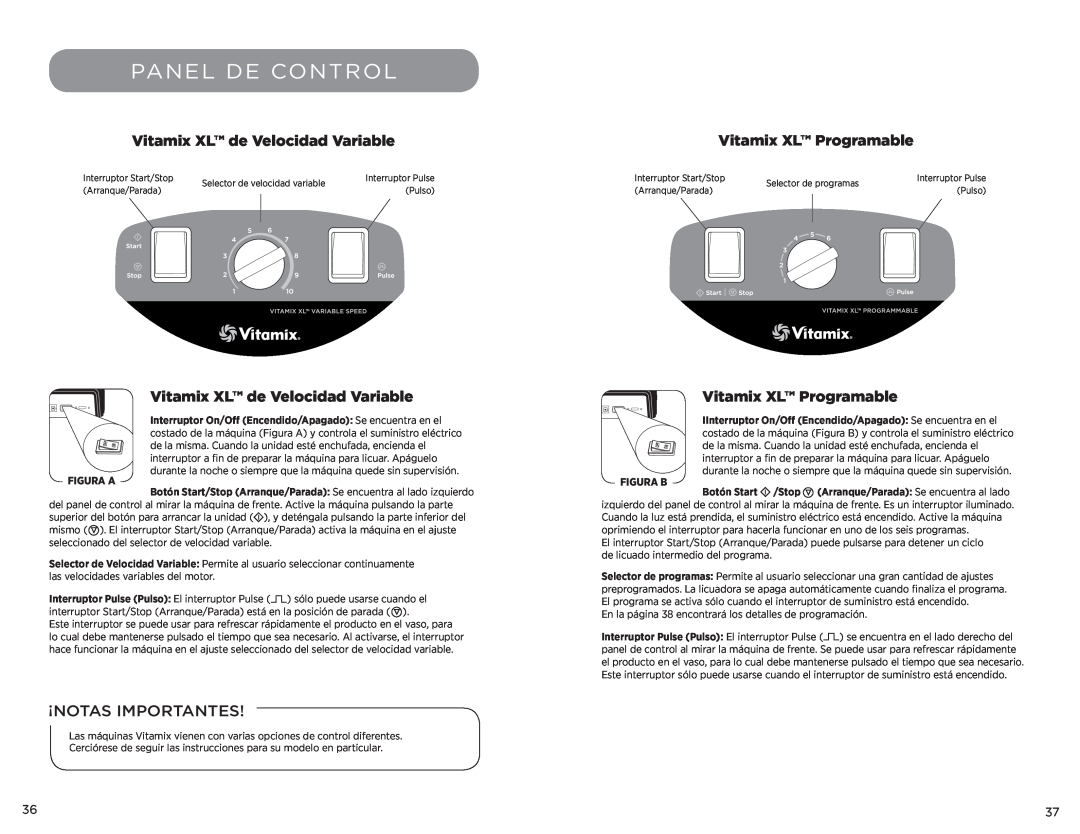 Vita-Mix manual Panel De Control, Vitamix XL de Velocidad Variable, Vitamix XL Programable, ¡Notas Importantes, Figura A 
