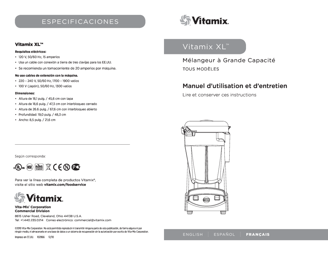 Vita-Mix Especificaciones, Mélangeur à Grande Capacité, Lire et conserver ces instructions, Tous Modèles, Vitamix XL 