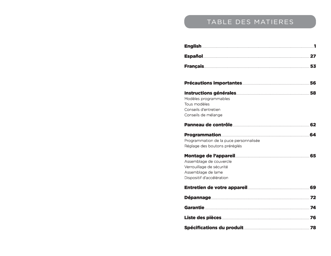 Vita-Mix 102866, XL manual Table Des Matieres 