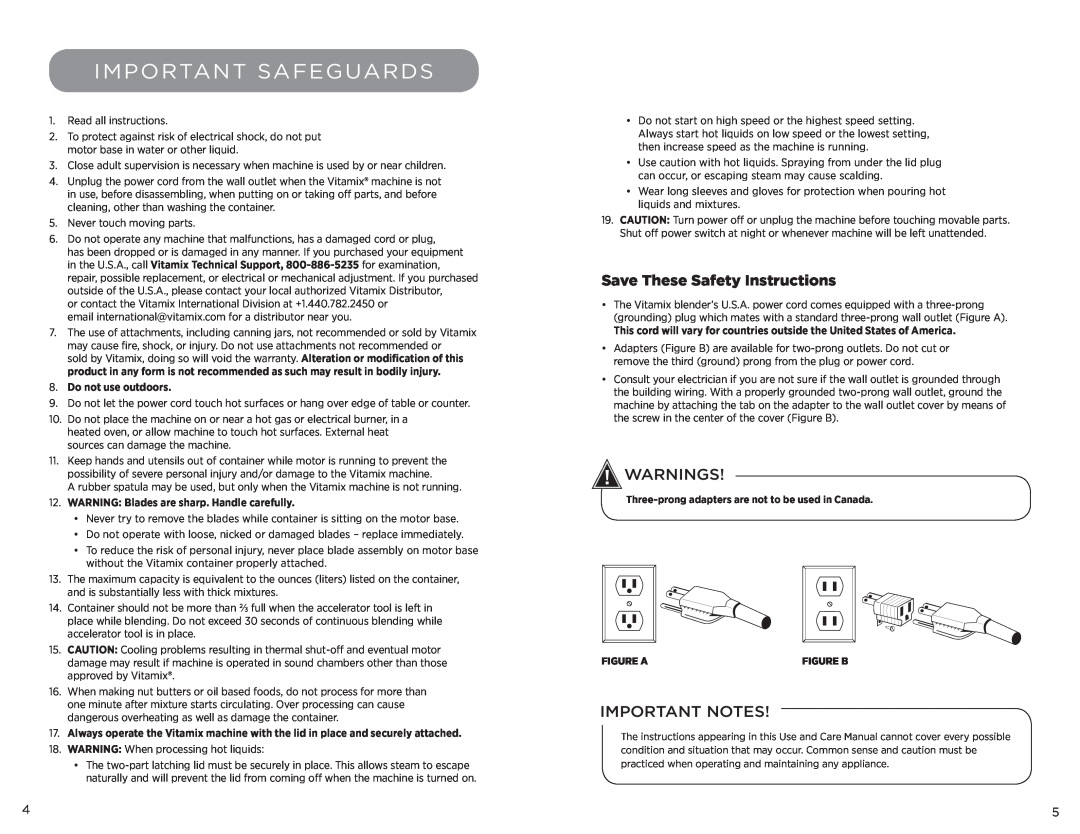 Vita-Mix XL, 102866 Important Safeguards, Save These Safety Instructions, Warnings, Important Notes, Do not use outdoors 