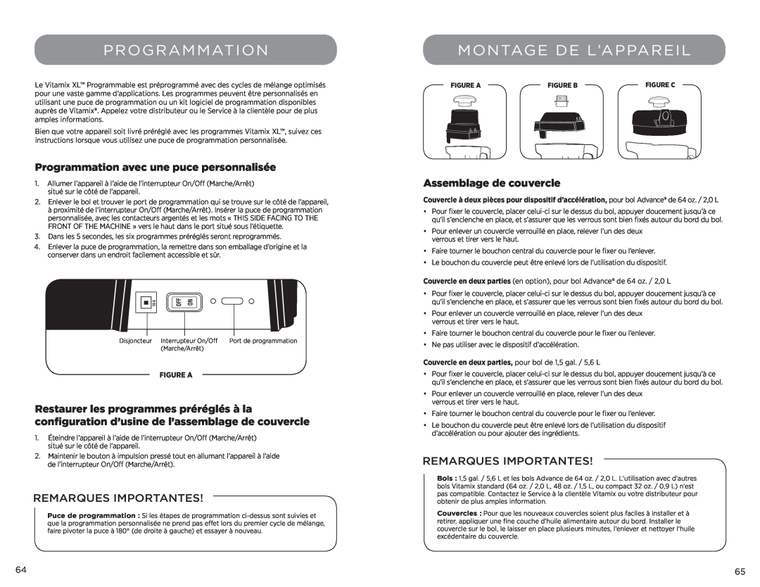 Vita-Mix XL manual Montage De L’Appareil, Programmation avec une puce personnalisée, Assemblage de couvercle, Figure A 