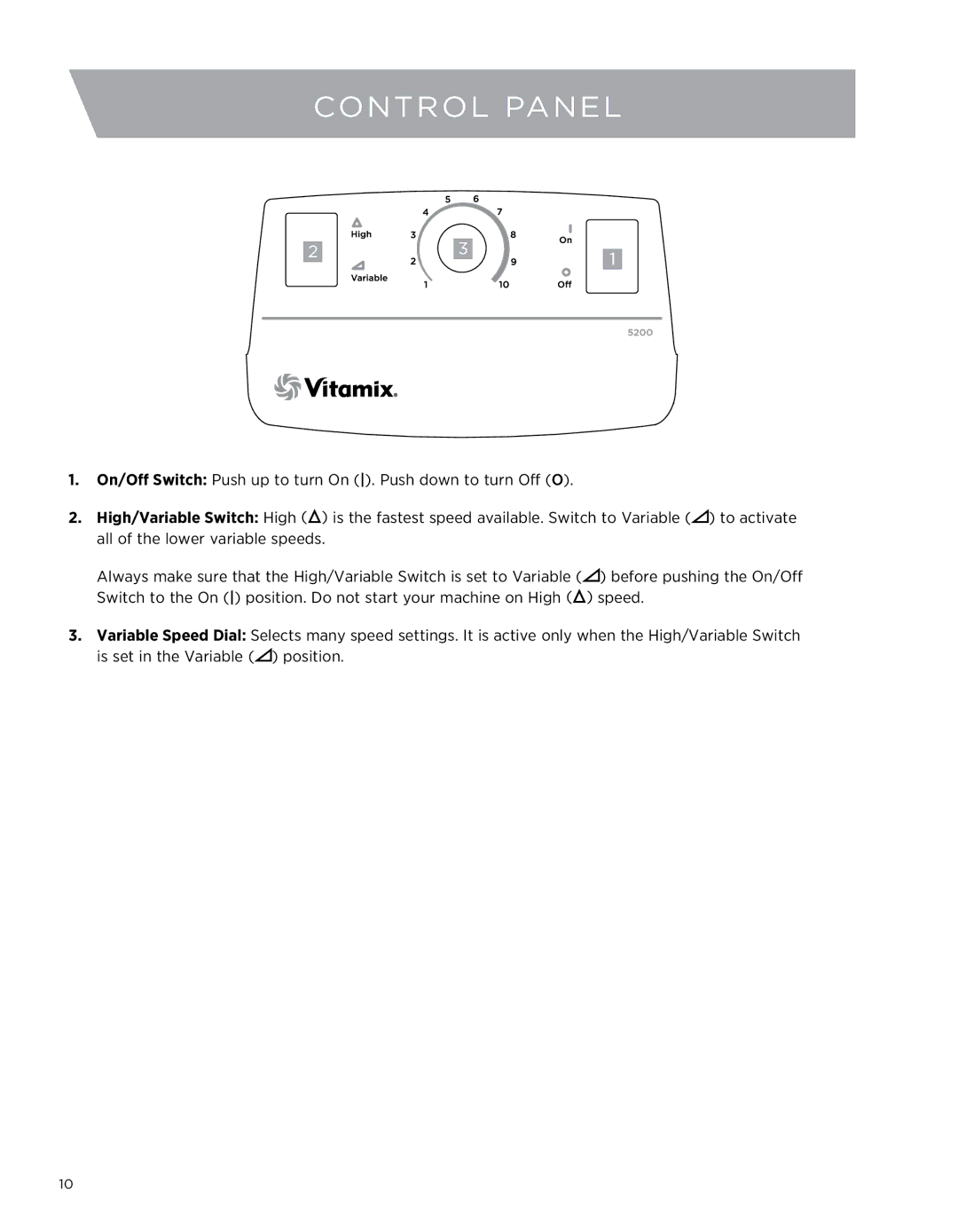 Vita-Mix 5200 owner manual Control panel 