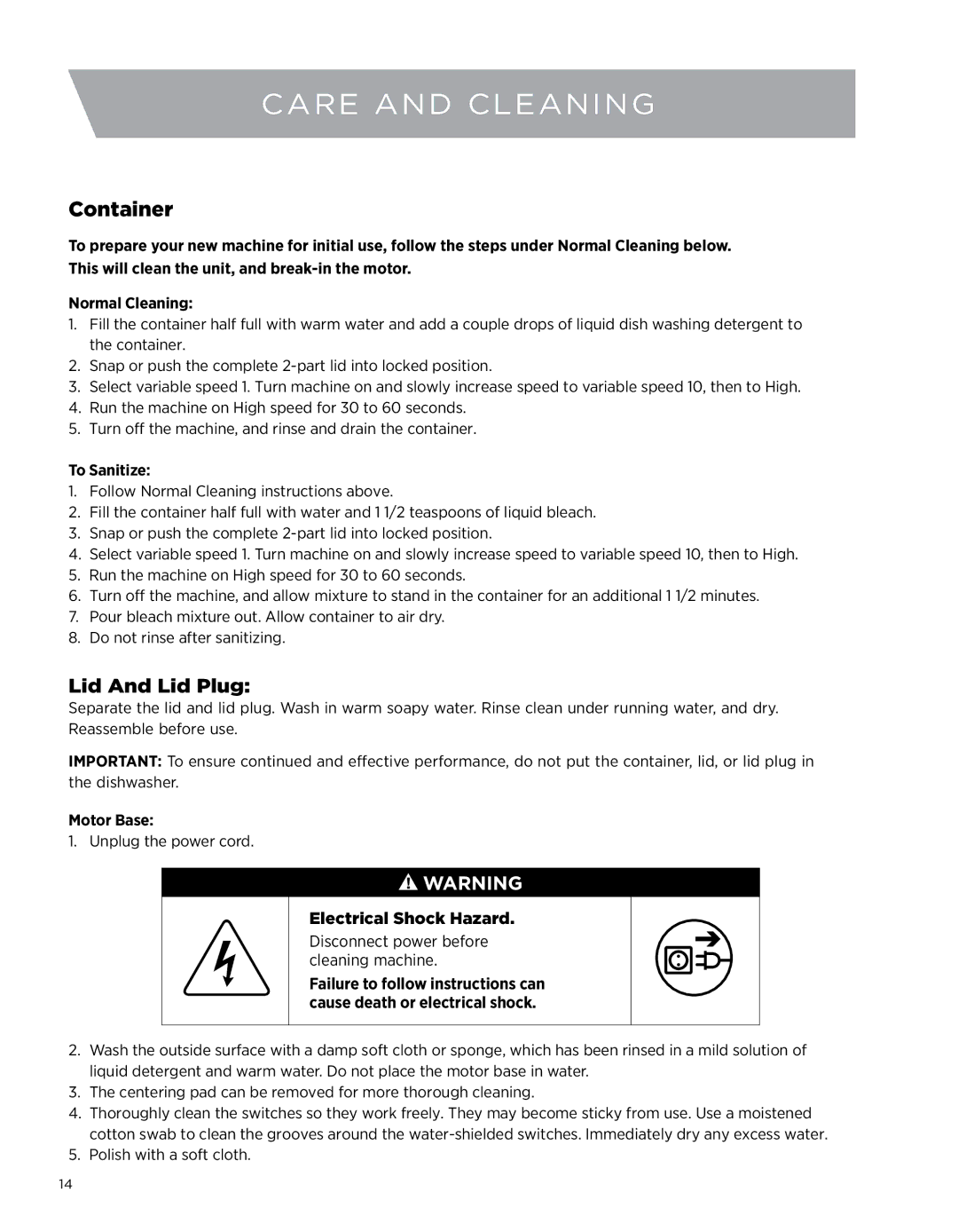 Vita-Mix 5200 owner manual Care and cleaning, Container, Lid And Lid Plug, To Sanitize, Motor Base 