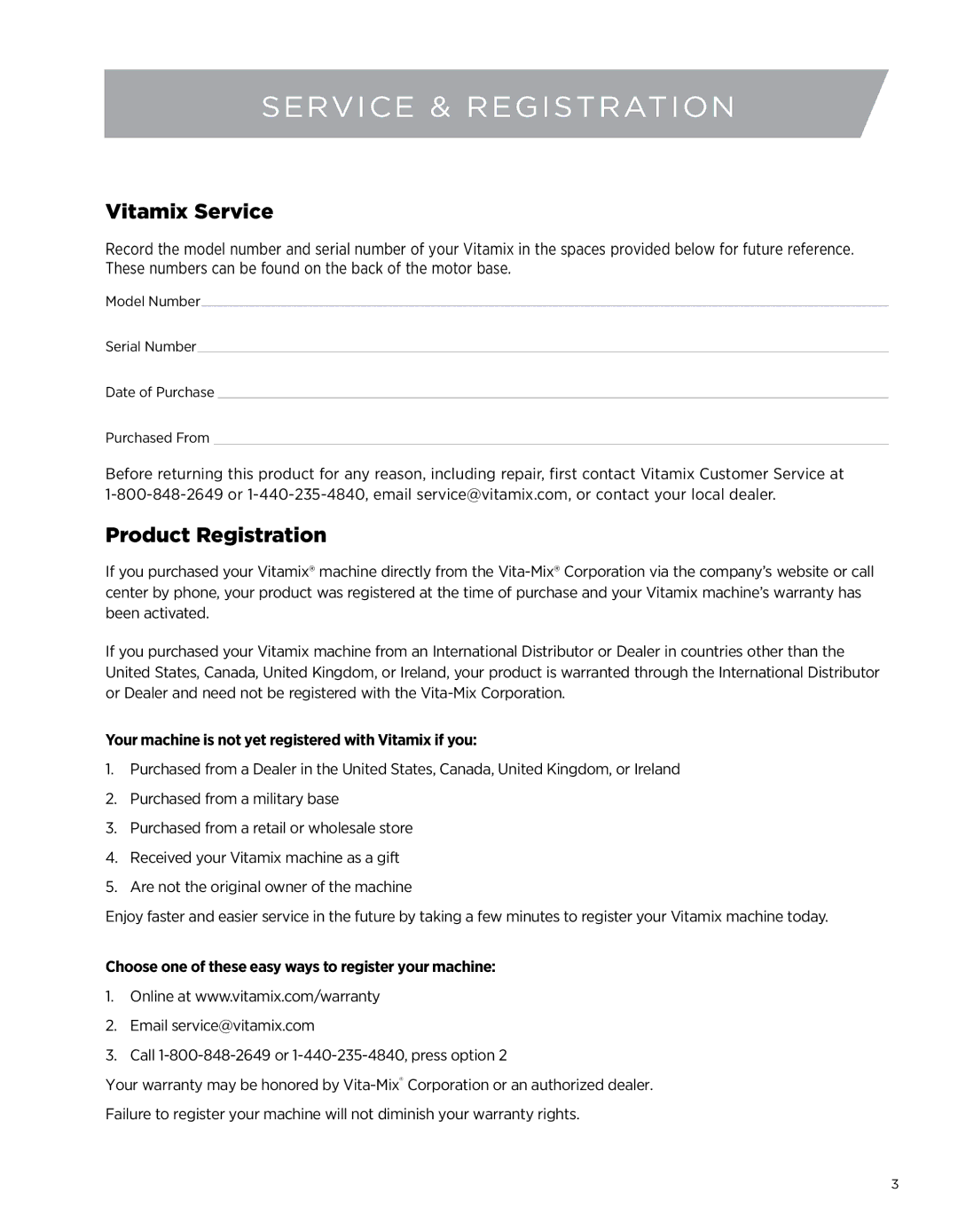 Vita-Mix 5200 owner manual Service & registration, Vitamix Service, Product Registration 