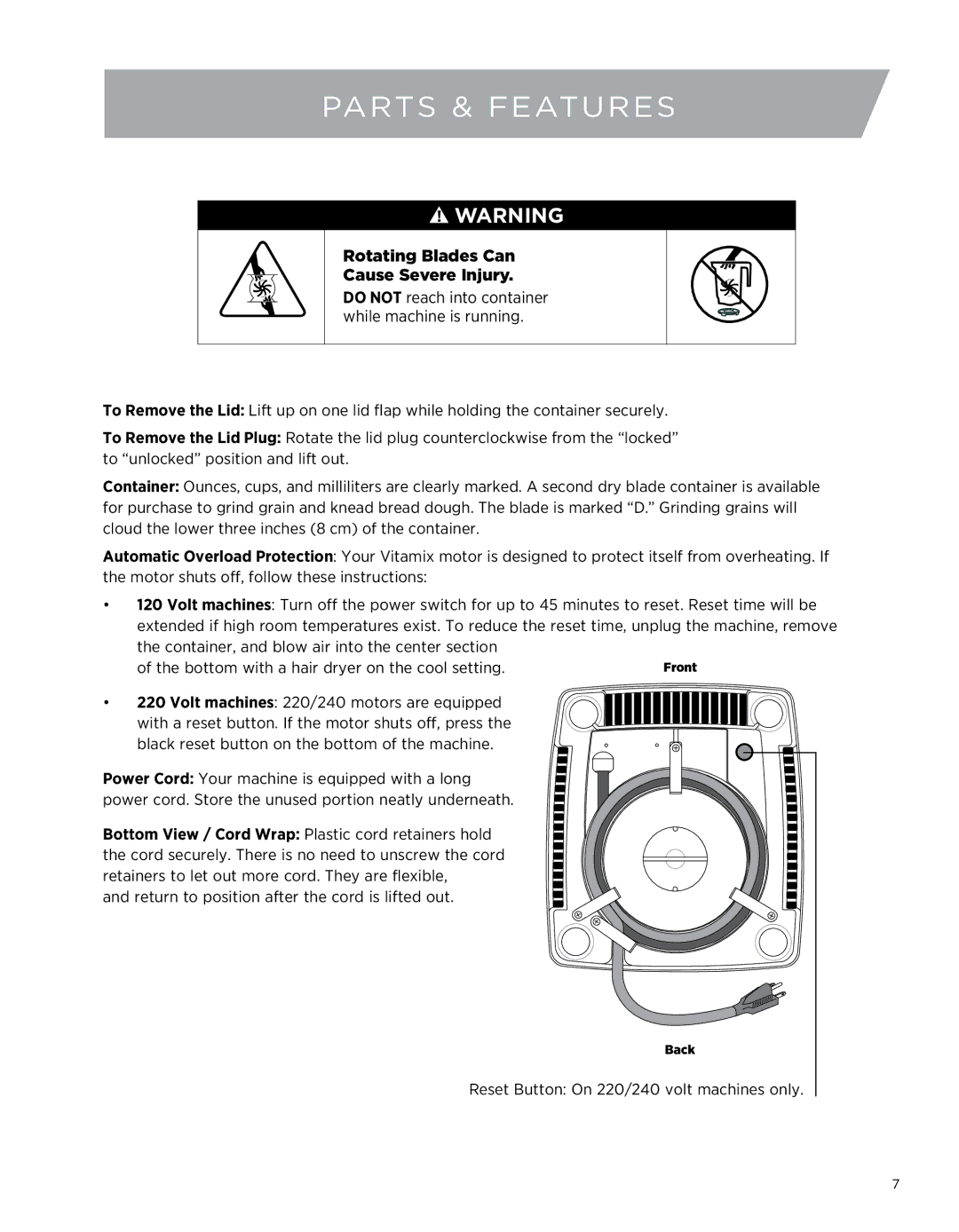 Vita-Mix 5200 owner manual Rotating Blades Can Cause Severe Injury, Bottom with a hair dryer on the cool setting 