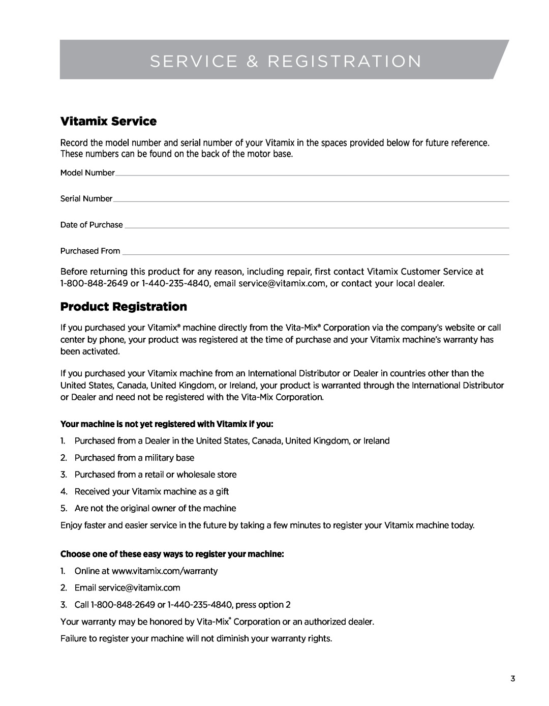 Vita-Mix 5200 owner manual SERVICE & registration, Vitamix Service, Product Registration 
