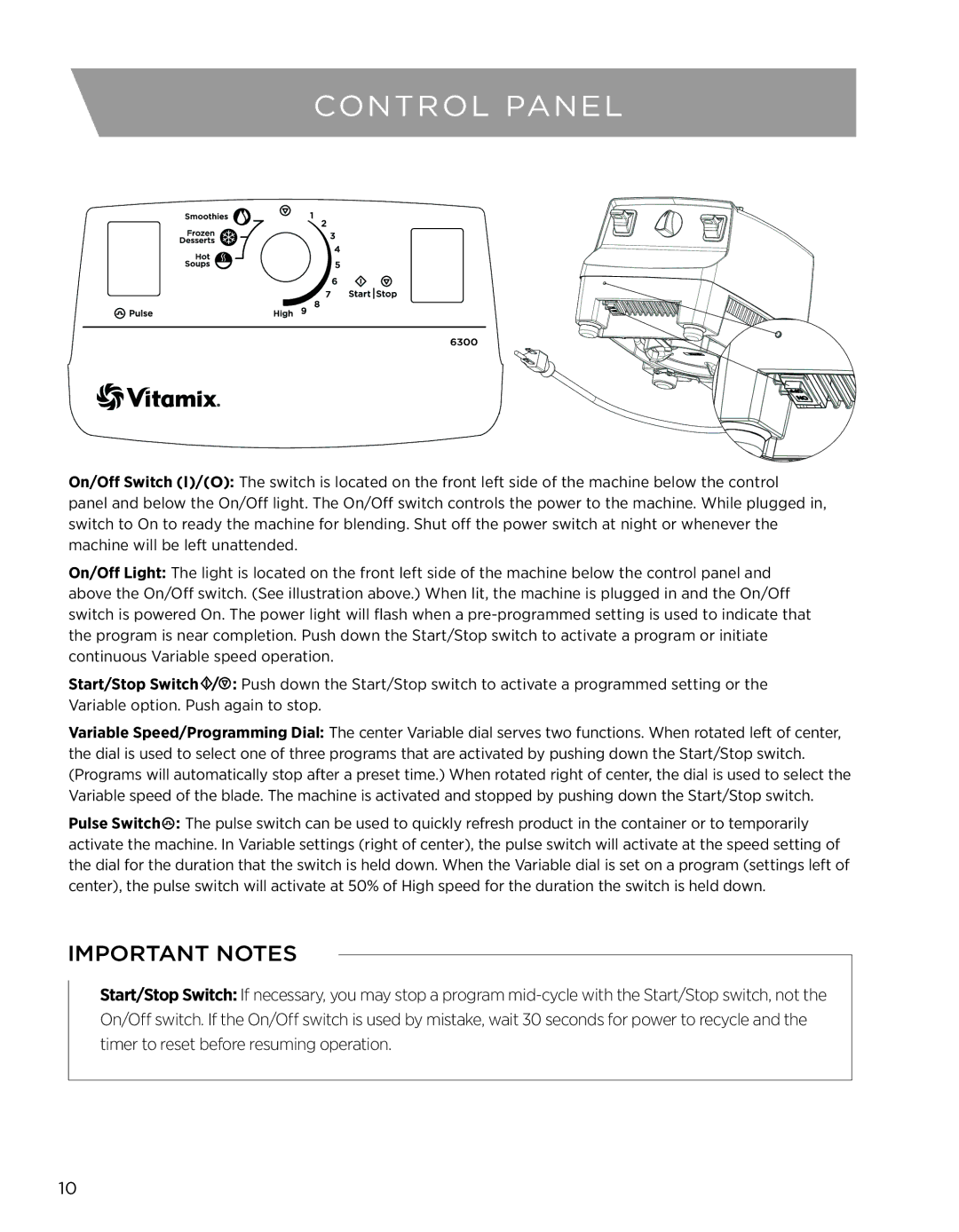 Vita-Mix 6300 owner manual Control Panel, Important Notes 