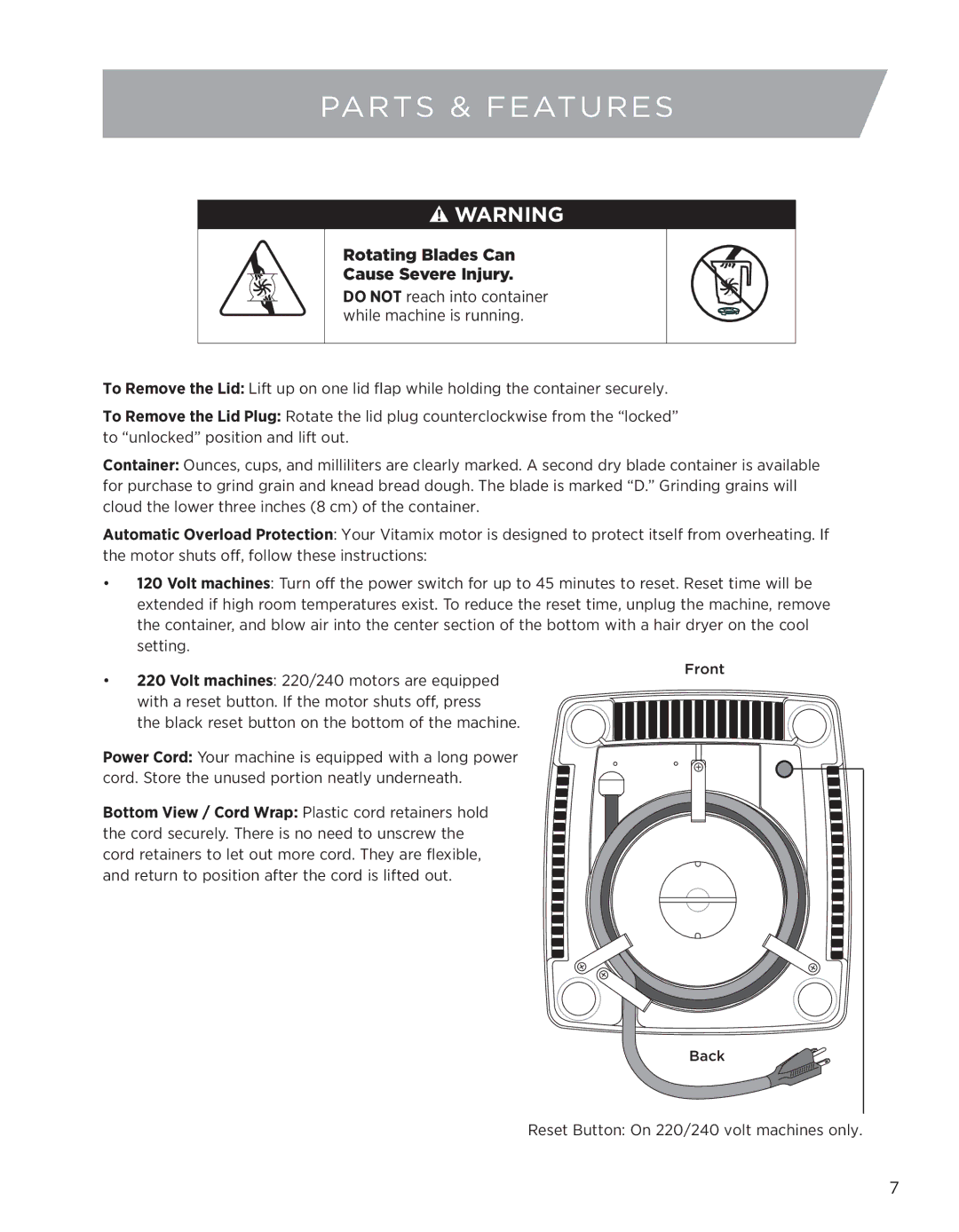 Vita-Mix 6300 owner manual Rotating Blades Can Cause Severe Injury 