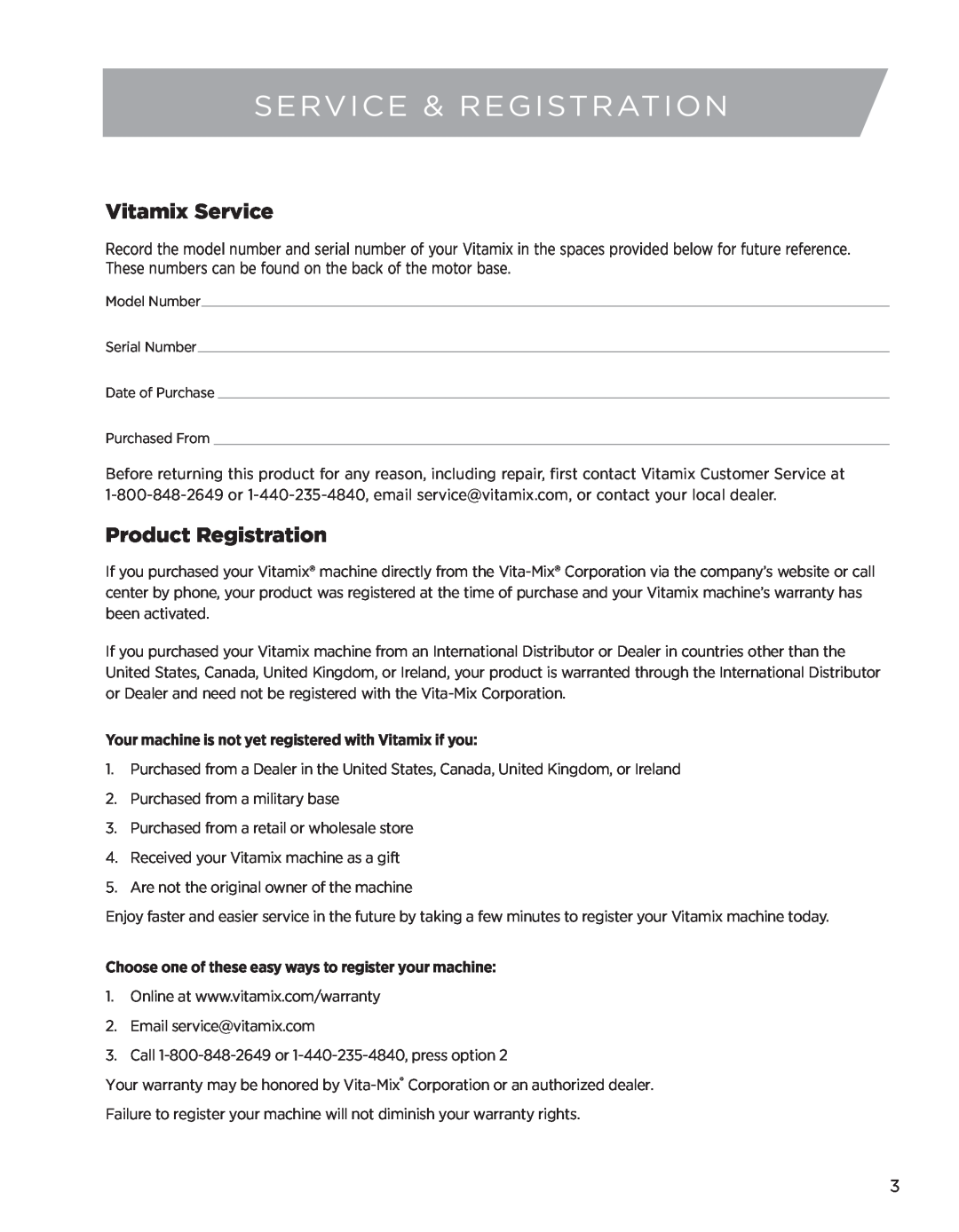 Vita-Mix 6300 owner manual Service & Registration, Vitamix Service, Product Registration 