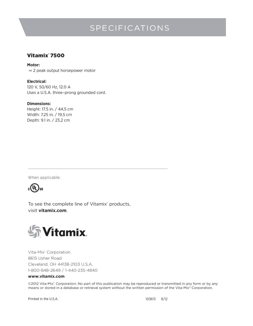 Vita-Mix 7500 owner manual Specifications, Vitamix, Motor, Electrical, Dimensions 