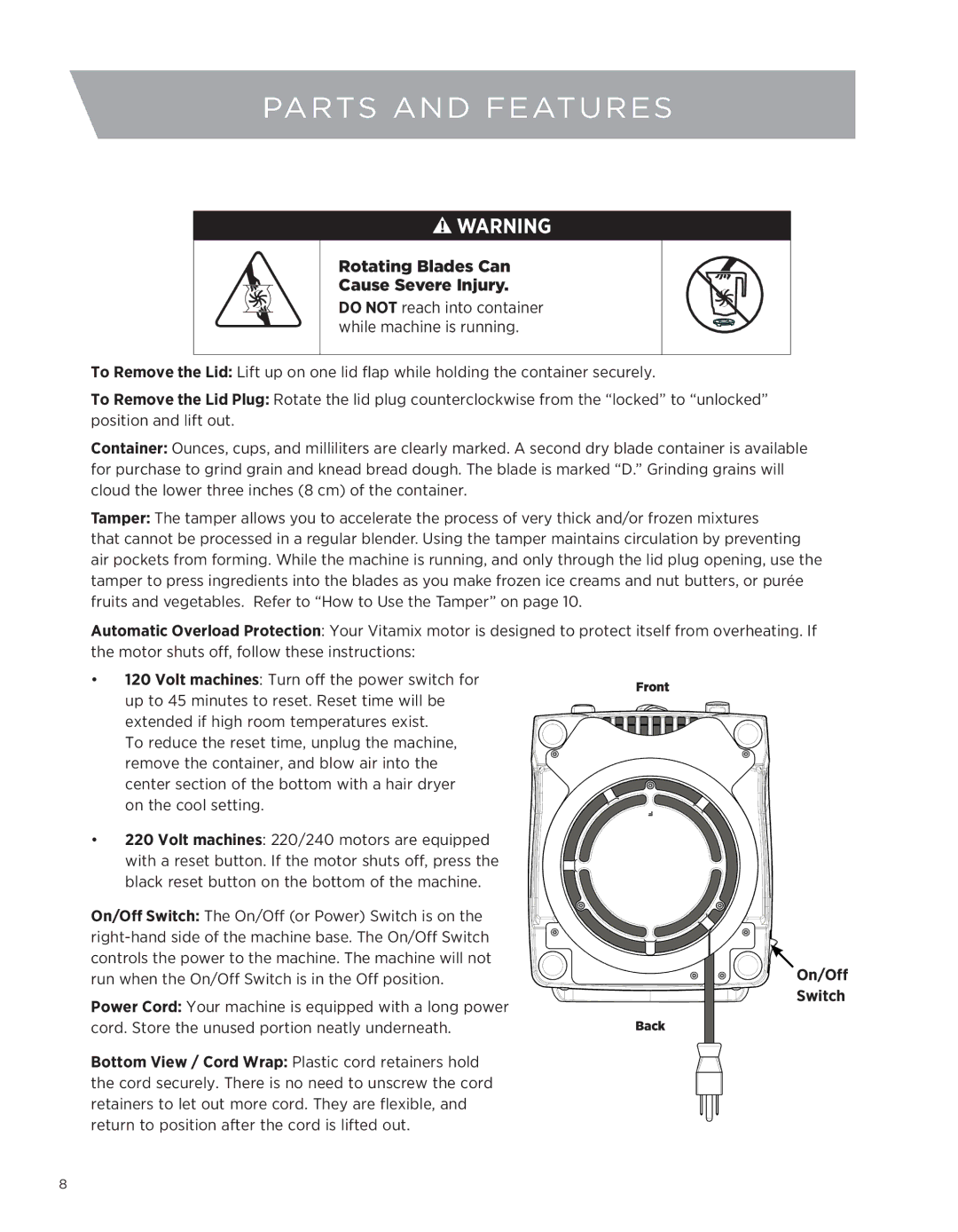 Vita-Mix 7500 owner manual Parts and Features, On/Off Switch 