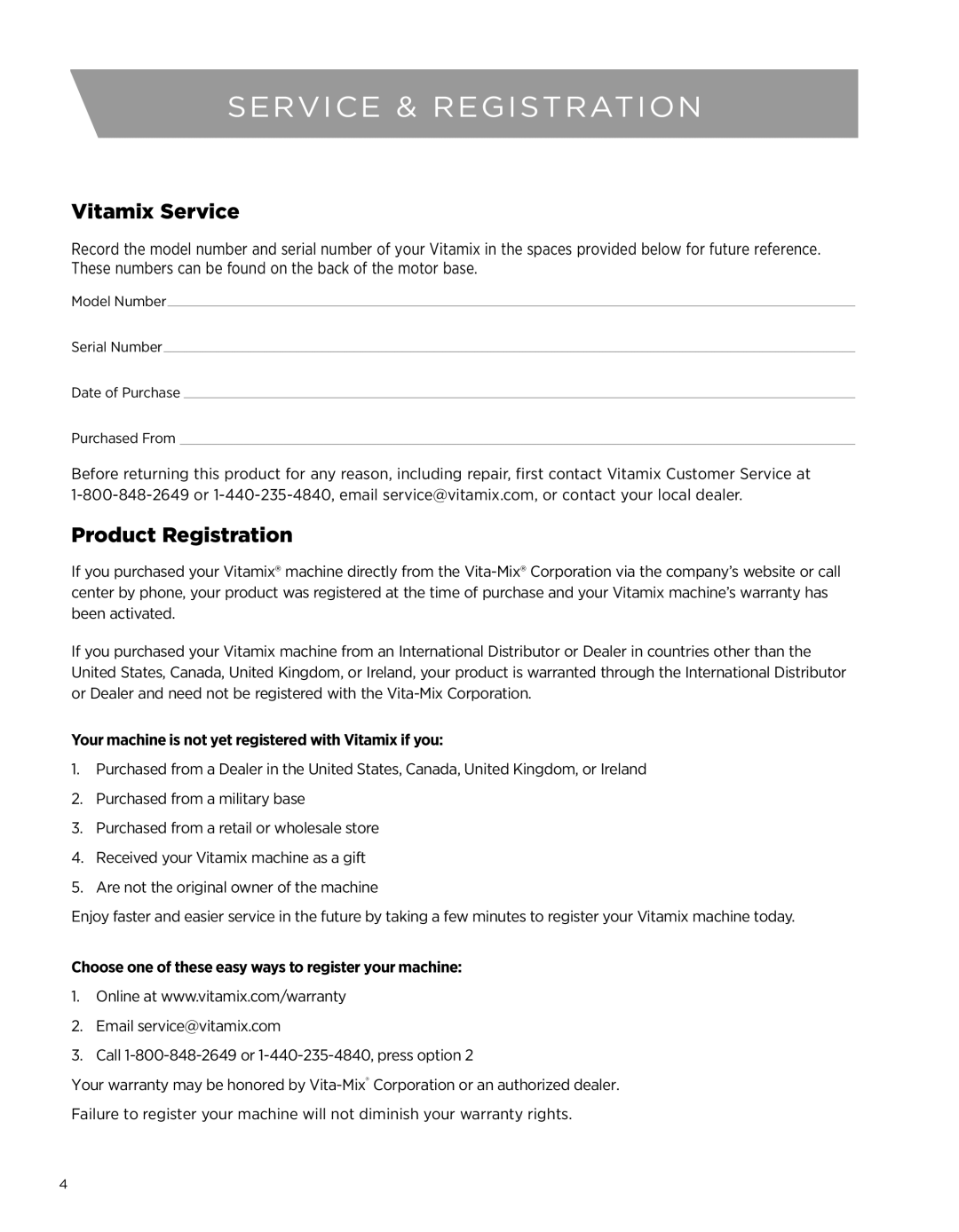 Vita-Mix 7500 owner manual Service & Registration, Vitamix Service, Product Registration 
