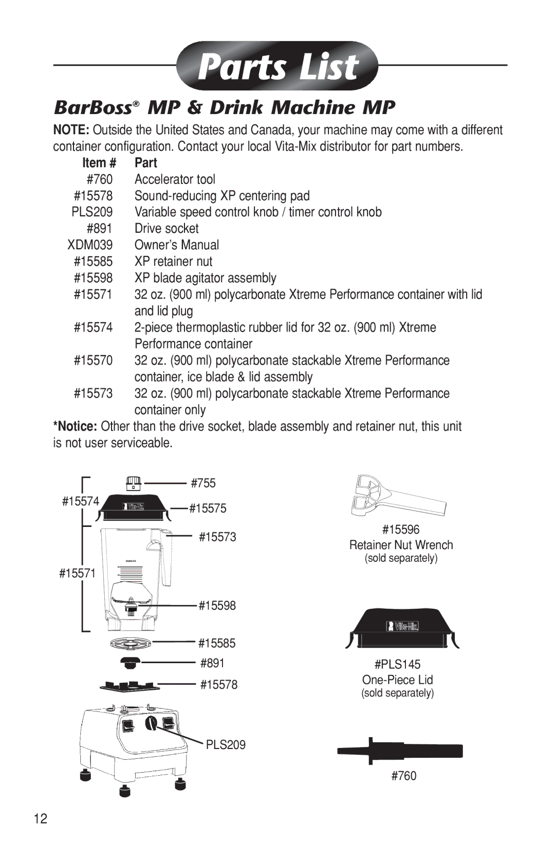 Vita-Mix BarBos MP owner manual BarBoss MP & Drink Machine MP, Item # Part 