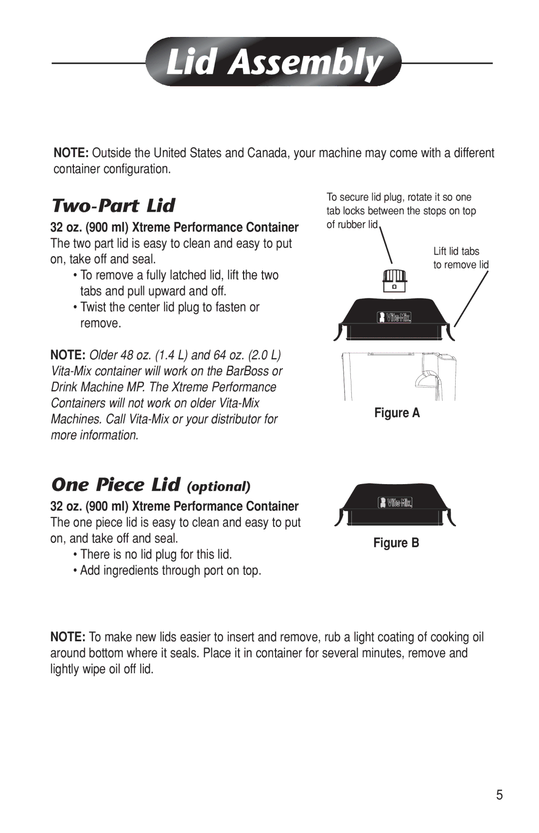 Vita-Mix BarBos MP owner manual Two-Part Lid, One Piece Lid optional, Twist the center lid plug to fasten or remove 