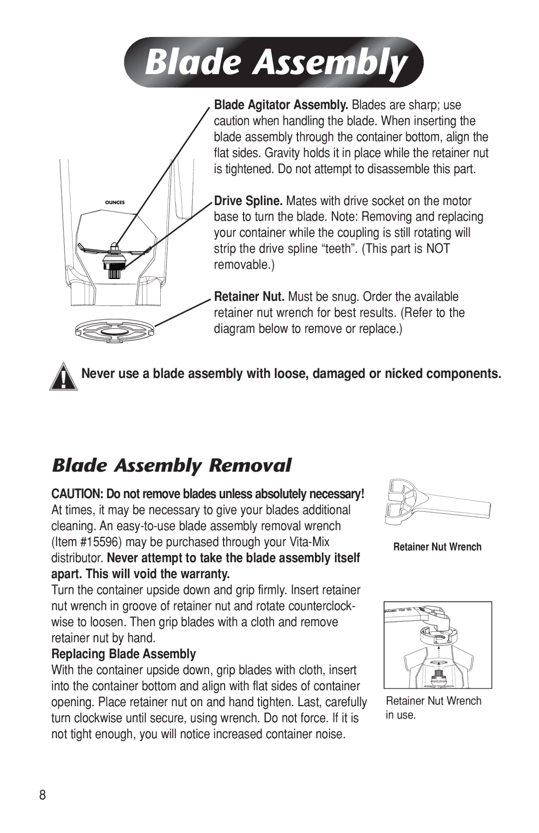 Vita-Mix BarBos MP owner manual Blade Assembly Removal, Replacing Blade Assembly 