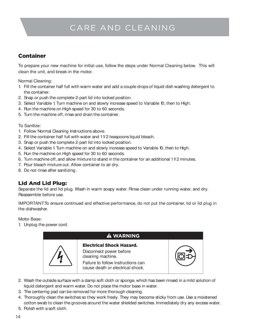 Vita-Mix CREATIONS GALAXY CLASS owner manual Care and Cleaning, Container, Lid And Lid Plug, To Sanitize, Motor Base 