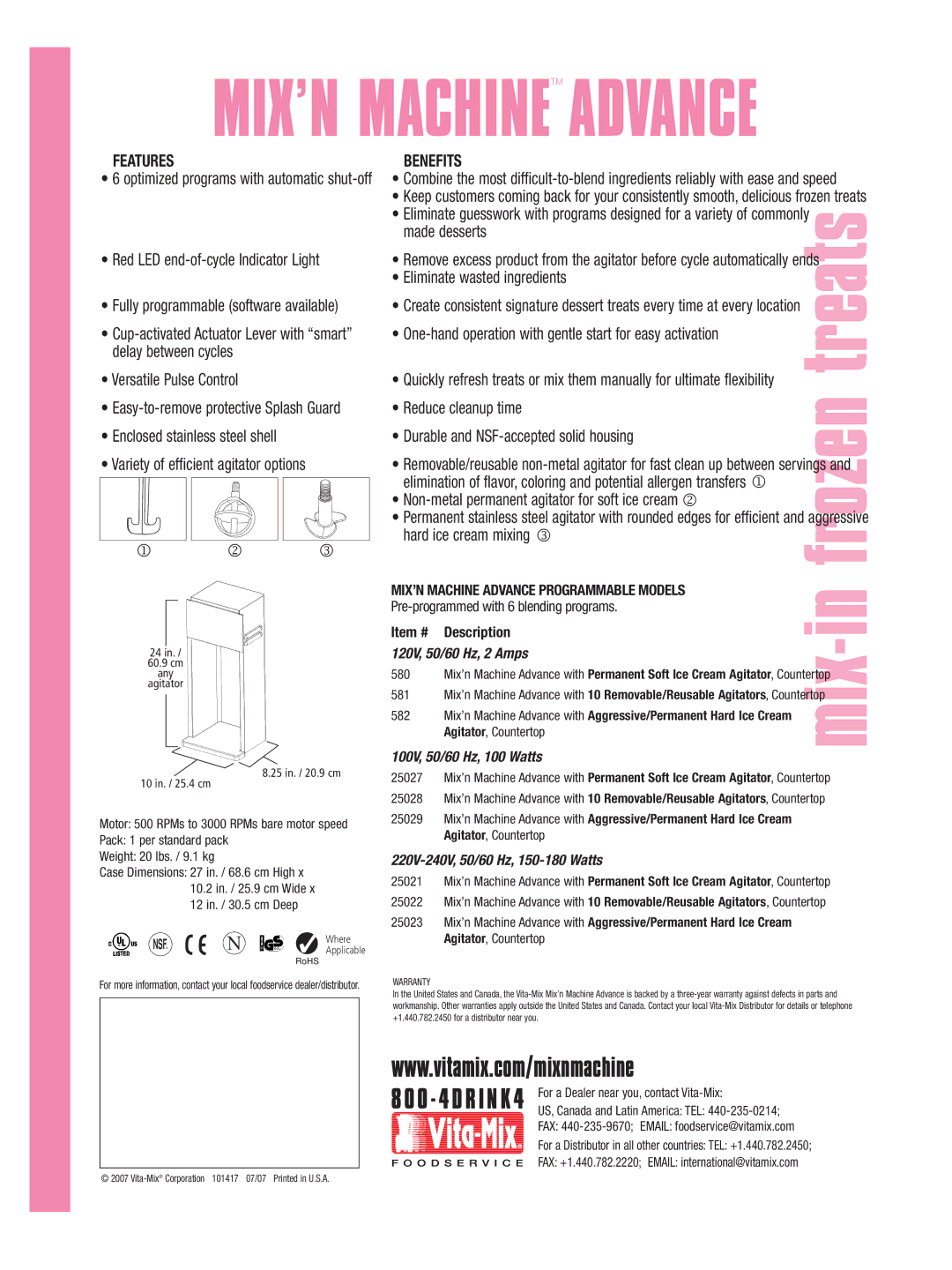 Vita-Mix Frozen Treat Mixer manual Features, Benefits, 120V, 50/60 Hz, 2 Amps, 100V, 50/60 Hz, 100 Watts 