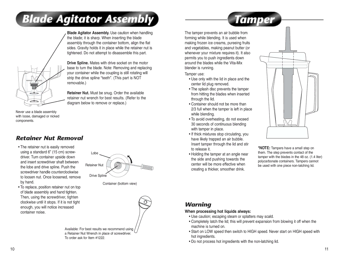 Vita-Mix High-Performance Commercial Blenders owner manual Retainer Nut Removal, When processing hot liquids always 