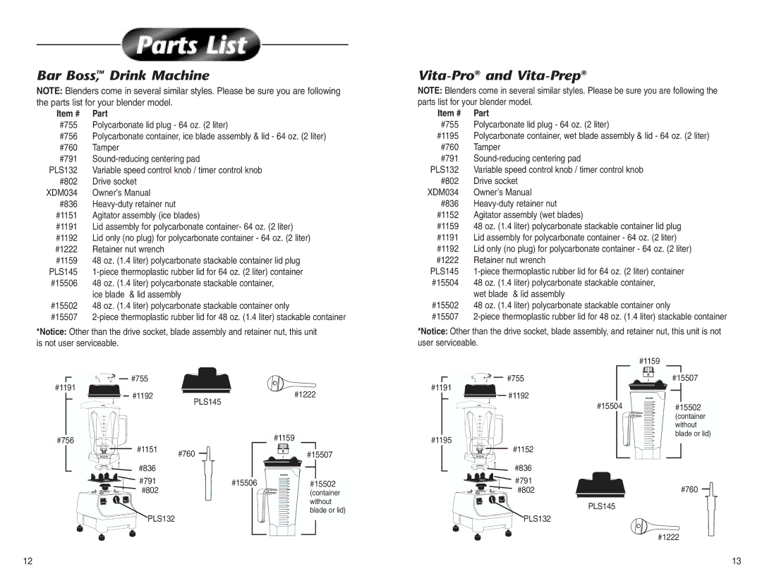 Vita-Mix High-Performance Commercial Blenders owner manual Bar Boss,TM Drink Machine, Vita-Proand Vita-Prep, Item # Part 