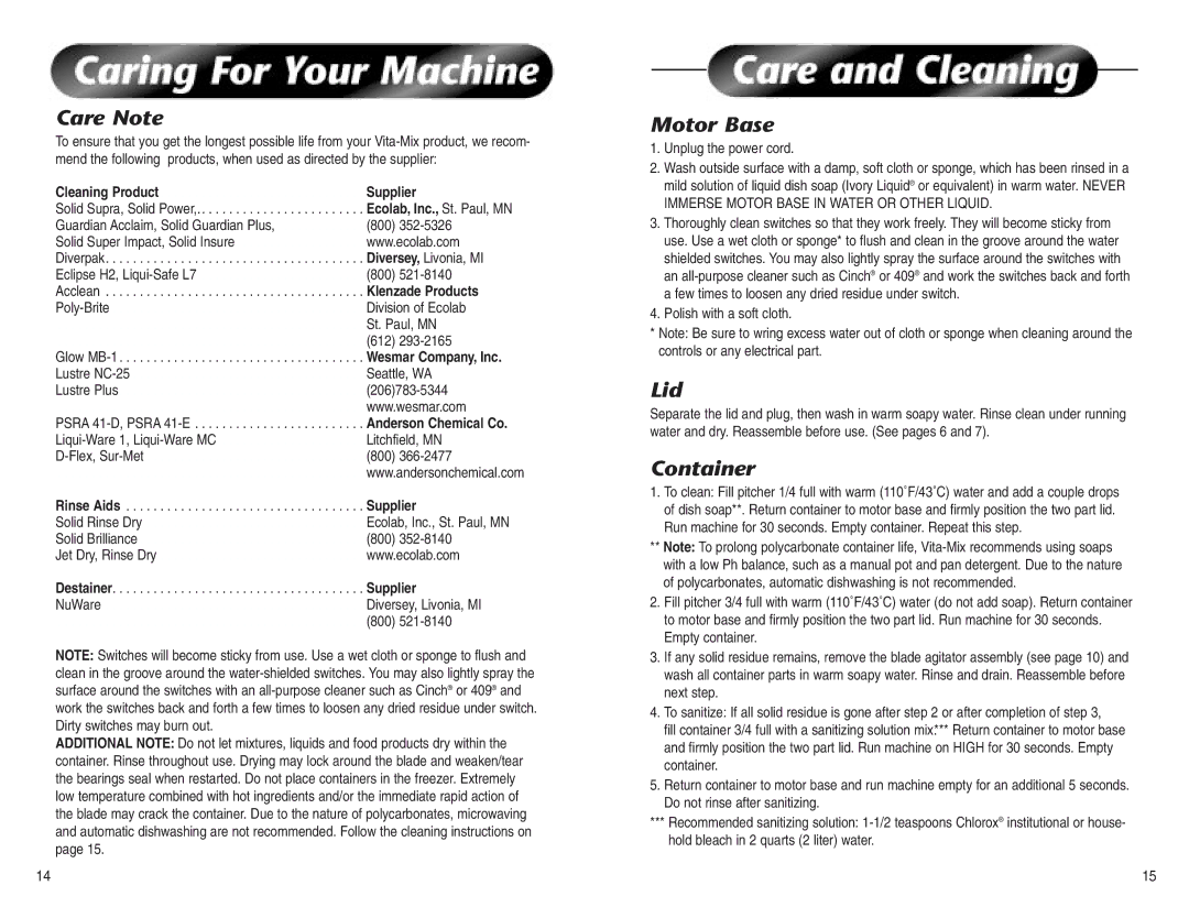Vita-Mix High-Performance Commercial Blenders owner manual Care Note, Motor Base, Lid, Container, Supplier 