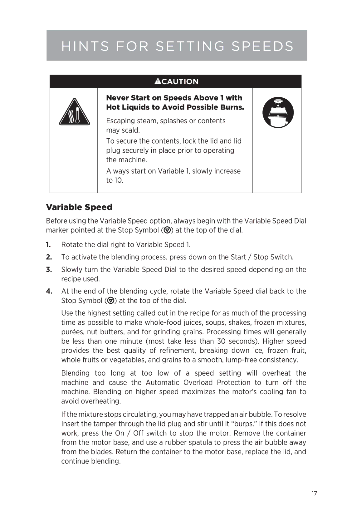 Vita-Mix NA owner manual Hints for Setting Speeds, Variable Speed 