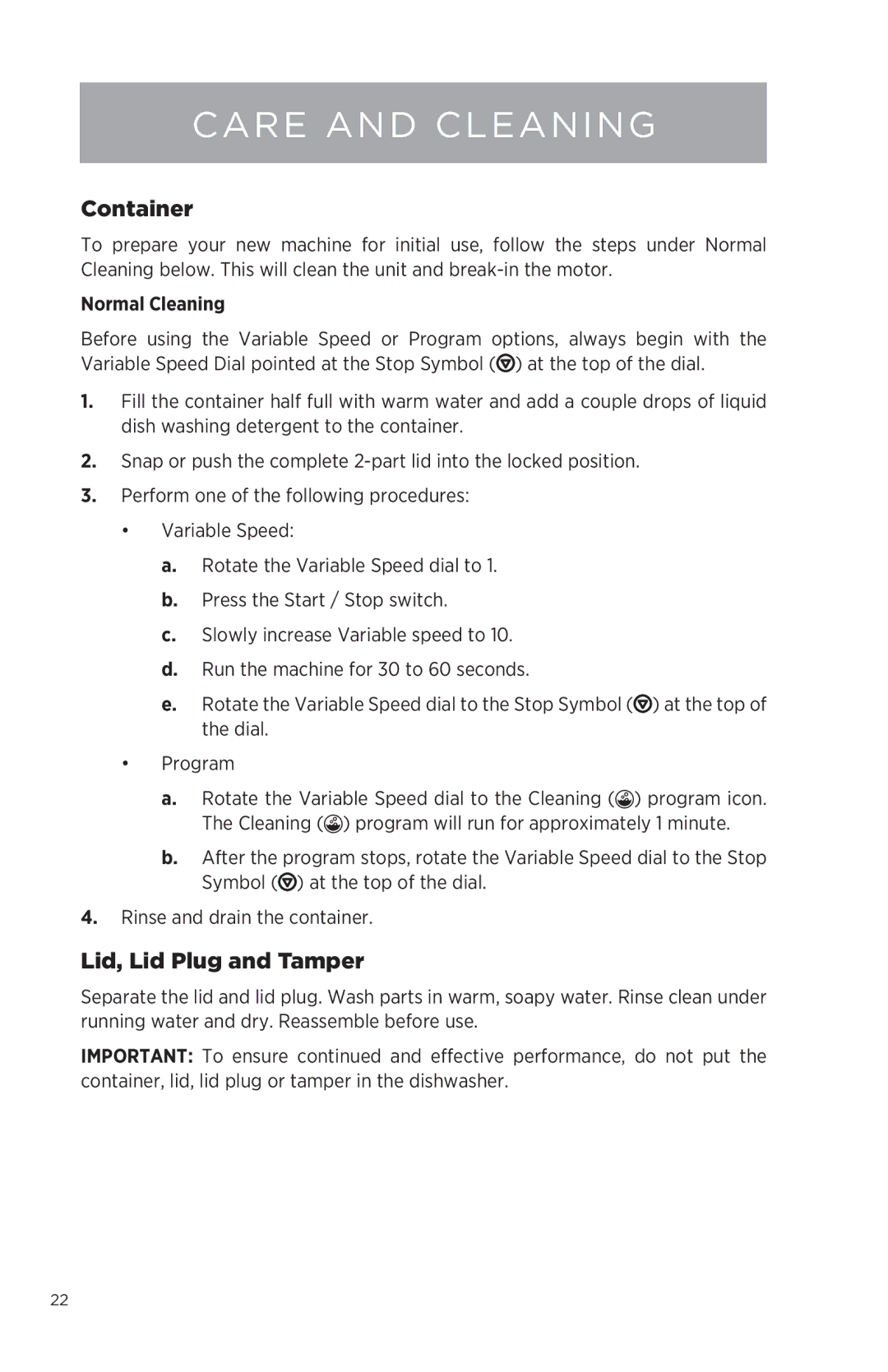 Vita-Mix NA owner manual Care and Cleaning, Container, Lid, Lid Plug and Tamper, Normal Cleaning 