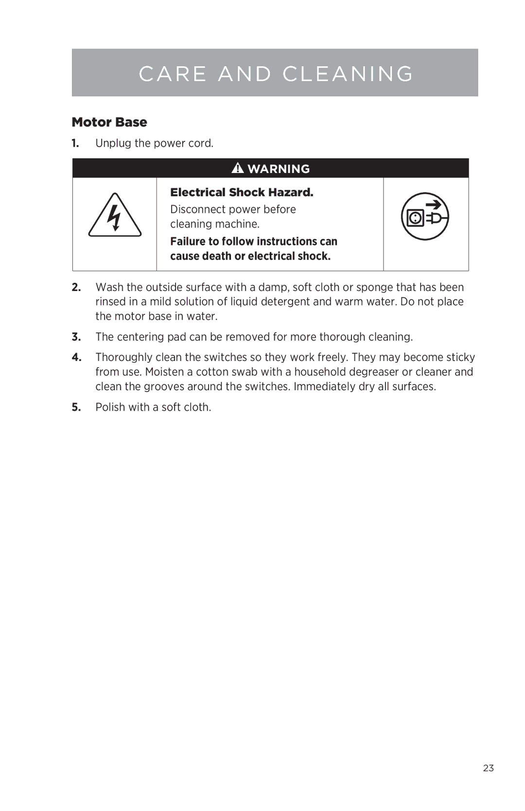 Vita-Mix NA owner manual Motor Base, Electrical Shock Hazard 