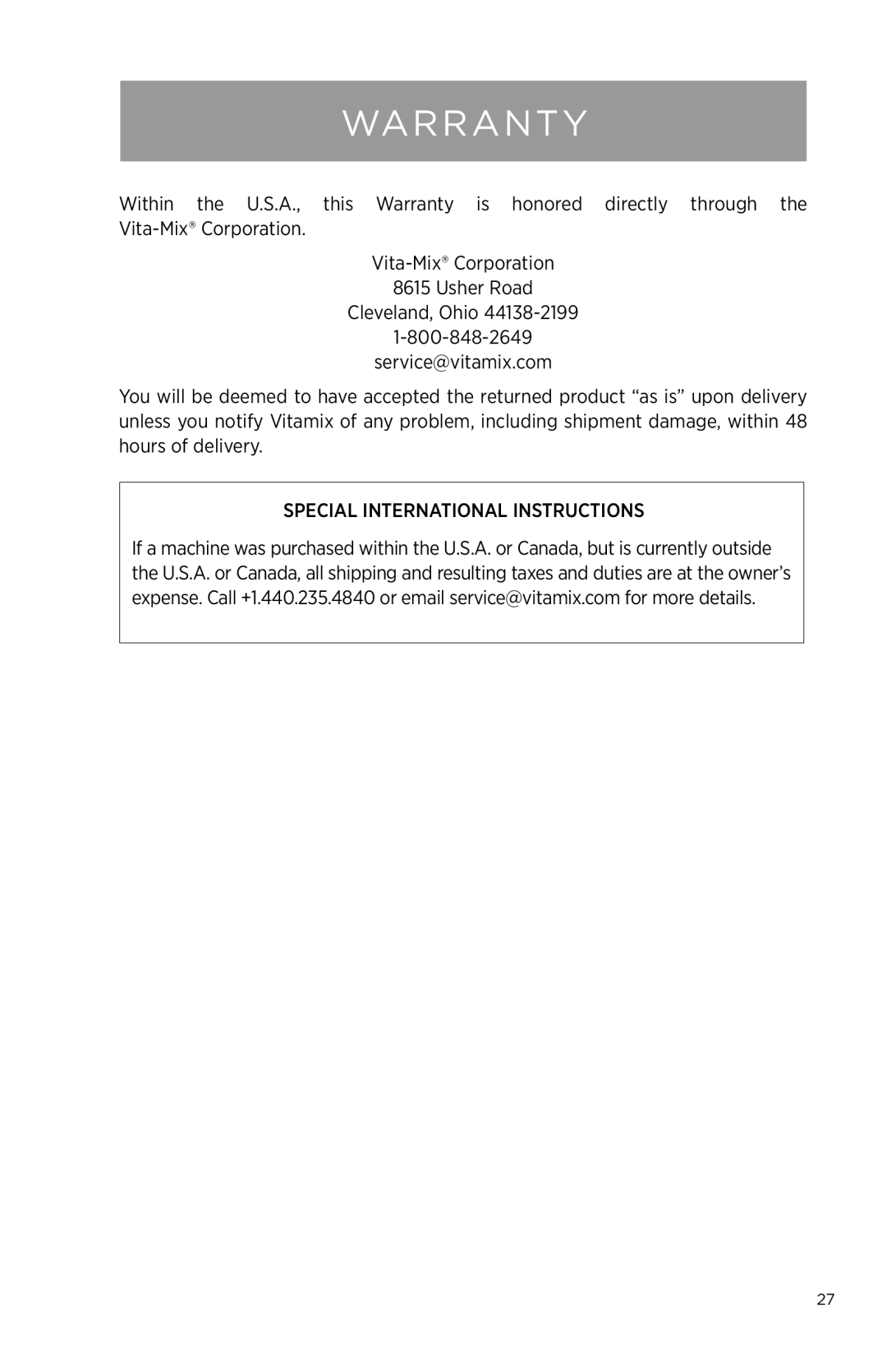 Vita-Mix NA owner manual Warranty, Vita-Mix Corporation 8615 Usher Road Cleveland, Ohio 