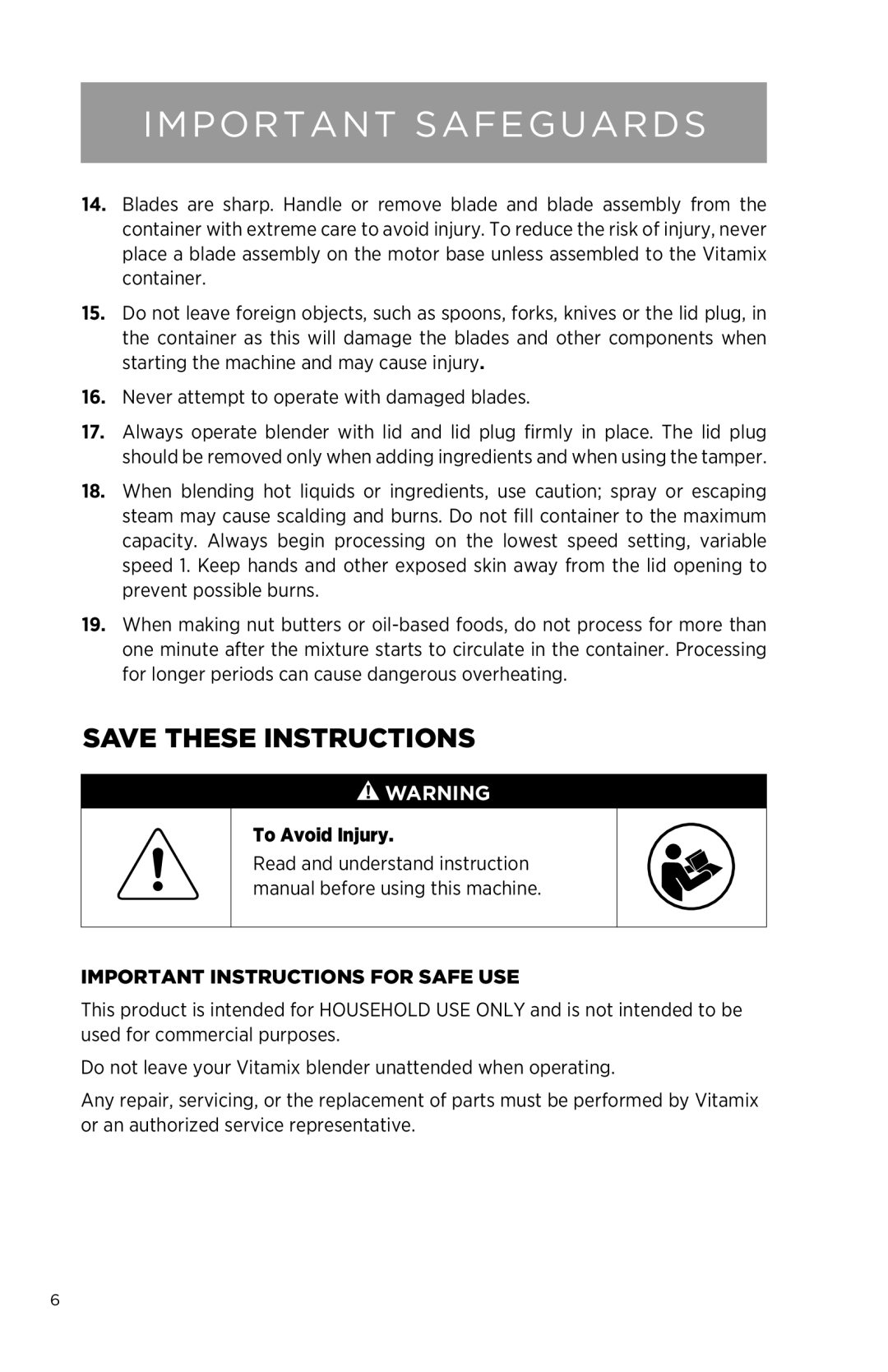 Vita-Mix NA To Avoid Injury, Important Instructions For Safe Use, Important Safeguards, Save These Instructions 