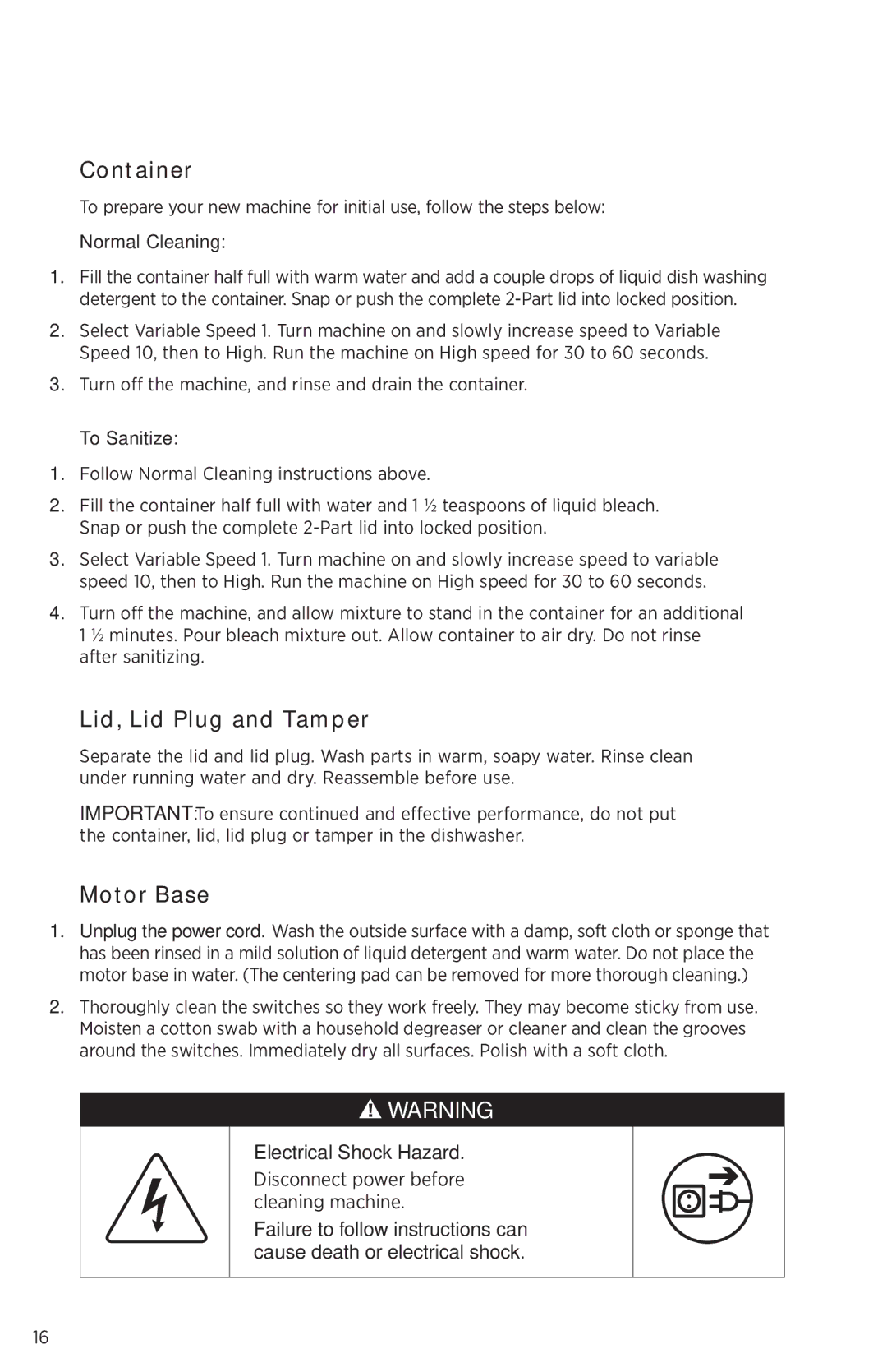 Vita-Mix PROFESSIONAL SERIES 300 owner manual Care and Cleaning, Container, Lid, Lid Plug and Tamper, Motor Base 