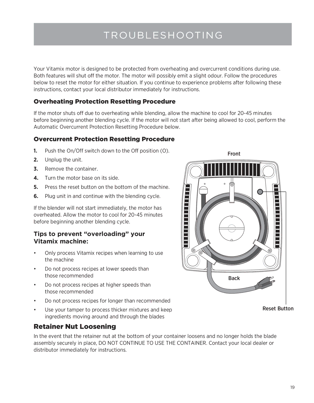 Vita-Mix Professional Series 500 Troubleshooting, Retainer Nut Loosening, Overheating Protection Resetting Procedure 